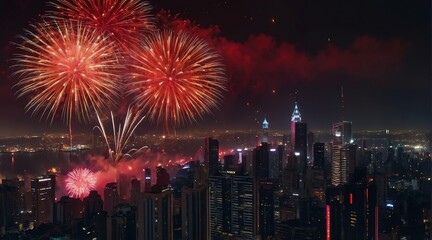 Obraz premium Beautiful red fireworks display on bright busy city skyline background at night background from Generative AI