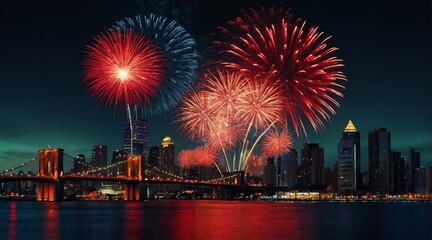 Beautiful red fireworks display on bright busy city skyline background at night background from Generative AI