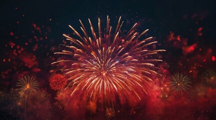 Beautiful red fireworks display with bokeh abstract holiday celebration background from Generative AI