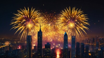Fototapeta premium Beautiful yellow fireworks display on bright busy city skyline background at night background from Generative AI