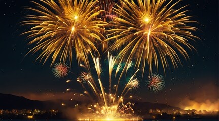 Fototapeta na wymiar Beautiful yellow fireworks display with bokeh abstract holiday celebration background from Generative AI