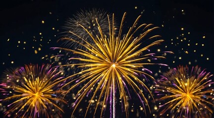 Fototapeta premium Beautiful yellow fireworks display with bokeh abstract holiday celebration background from Generative AI