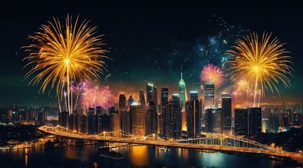 Beautiful yellow fireworks display on bright busy city skyline background at night background from Generative AI