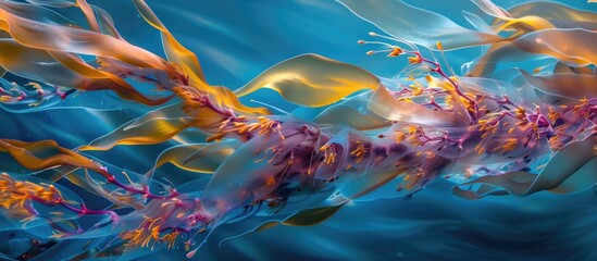Fototapeta na wymiar The painting depicts a fish gracefully swimming in the water, with intricate details capturing its movement and surroundings. The vibrant colors and realistic depiction make the scene come to life.