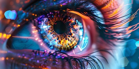 Vivid human eye close-up with digital enhancements, high-tech biometric conceptual image. dynamic and colorful. artistic representation. AI - obrazy, fototapety, plakaty