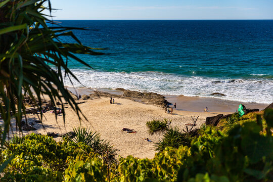 panorama of froggy beach as seen from point danger cliffs; unique shore of gold coast, queensland, australia