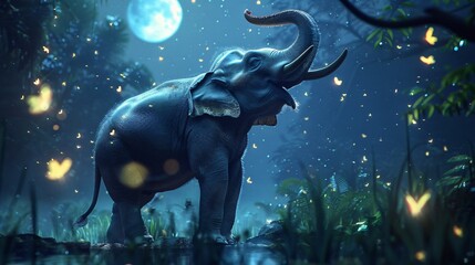 A motivational scene of an elephant discovering the joy of dance swaying to jungle rhythms under the moonlight surrounded by an ensemble of fireflies - obrazy, fototapety, plakaty