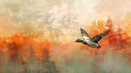A nostalgic image of a solitary duck flying over an autumn landscape its flight path leading it over forests ablaze with fall colors