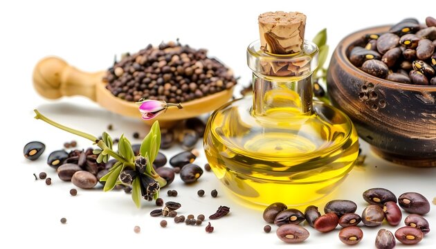 Castor oil with beans over white background