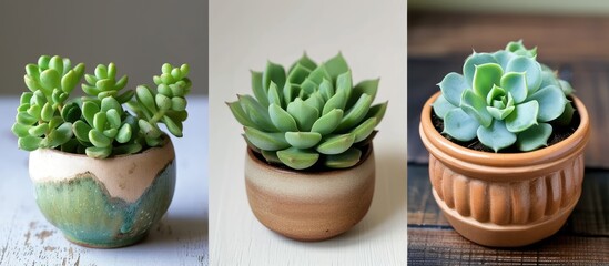 Three small succulent plants of different varieties are placed in individual clay pots. The pots are decorative and complement the interior of a home.