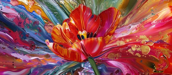 A painting featuring a vibrant red flower as the central focus, set against a backdrop of various bold and bright colors. The flower stands out vividly against the abstract, multicolored background.