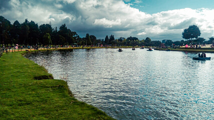 Set of canoes on the lake of the Simón Bolívar park in Bogotá