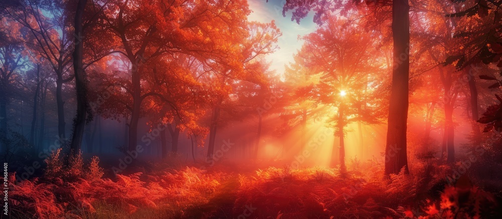 Poster the suns rays filter through the dense canopy of trees in the forest, creating a dappled effect on t