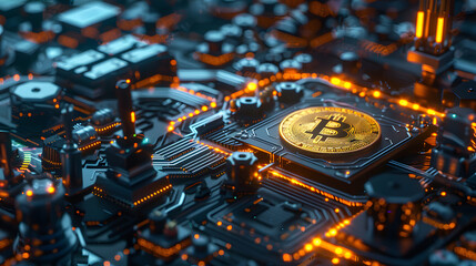 Golden bitcoin on motherboard. Cryptocurrency concept.
