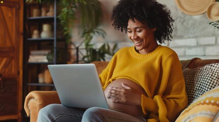 A proud pregnant woman showing her ultrasound scan to distant family over a video call bridging miles with moments of happiness
