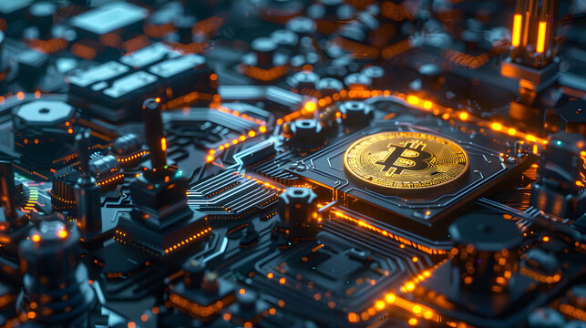 Golden bitcoin on motherboard. Cryptocurrency concept.