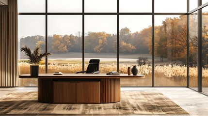 Modern executive office overlooking autumn forest. stylish interior design. serene workspace concept. AI