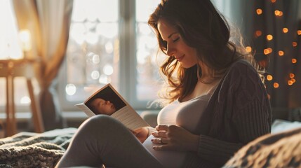 A reflective pregnant woman writing in a journal with her ultrasound scan beside her documenting her thoughts and feelings for her future child - obrazy, fototapety, plakaty