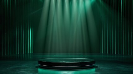 A sleek black podium set against a deep emerald green background illuminated by a focused spotlight creating a luxurious and mysterious ambiance for an exclusive product presentation
