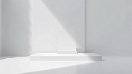 A sleek glossy white podium in a pure white studio with a subtle shadow cast below offering a sophisticated stage for showcasing luxury items