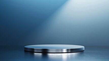 A sleek silver podium on a gradient sky blue background with a spotlight creating a futuristic atmosphere for tech gadget launches