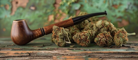 A pipe rests on top of a mound of marijuana buds, showcasing the connection between drug paraphernalia and cannabis consumption. - obrazy, fototapety, plakaty