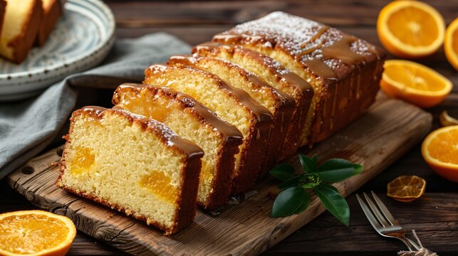 A toffee pound cake with a dense and buttery texture glazed with a toffee topping and slices of candied oranges on a country style wooden board