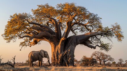 A tranquil moment of an elephant meditating under the ancient wise baobab tree learning mindfulness and inner peace from the gentle whispers of the wind