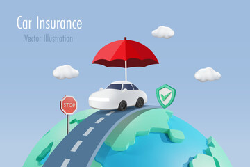 Car and travel insurance protection. Driving car on road across world with umbrella and Insurance shield. to protect from accident and travel. 3D vector.