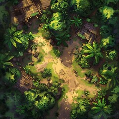 A vibrant depiction of a jungle basecamp with lush green foliage and hidden paths leading to the heart of the camp