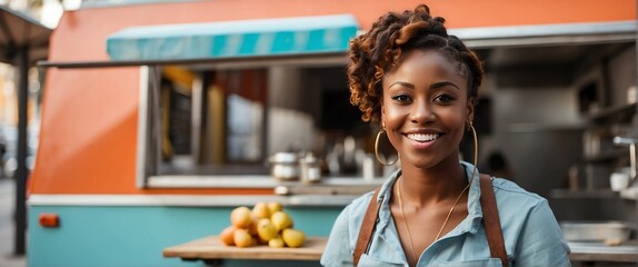 Small business owner young black african woman at front of food truck smiling looking at camera from Generative AI
