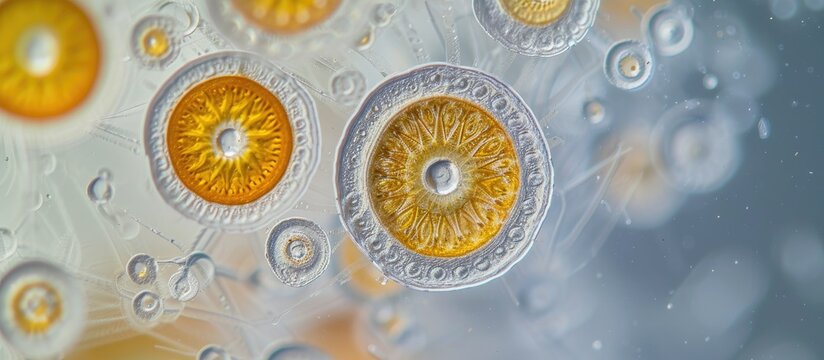 A close-up view of a marine diatom substance in shades of orange and yellow, preserved with Lugol. The substance is identified as Odontella sp or Trieres sp under a selective focus.