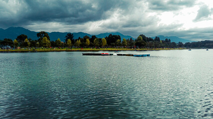 Set of canoes on the lake of the Simón Bolívar park in Bogotá