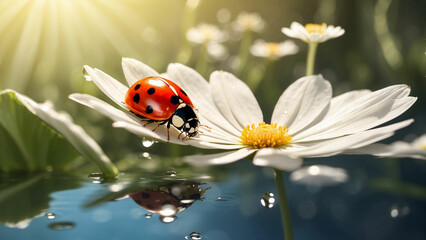 A ladybug perched on a white flower seems to be admiring its own reflection in the dewdrop on the petal and the sun casts a warm glow on the scene a magical atmosphere in the meadow