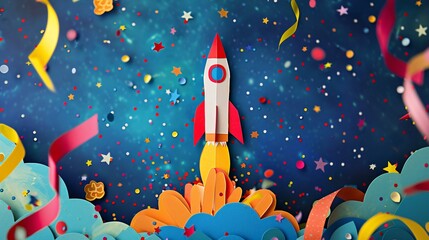 A whimsical papercut scene of a rocket launch with colorful confetti and streamers against a backdrop of a starry night sky