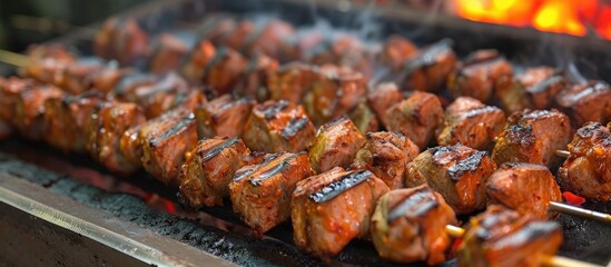 A detailed view of a grill with skewers of meat cooking over charcoal, creating a smoky aroma. The...