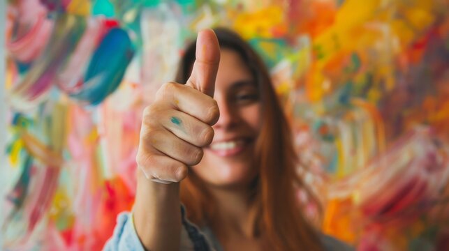 An artistic close up of a young woman thumb up with a colorful abstract painting in the background representing creativity and appreciation
