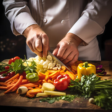 Close-up of a chefs hands chopping vegetables.