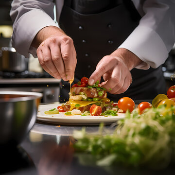 Close-up of a chefs hands preparing a gourmet dish 