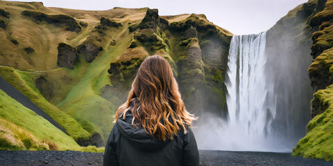 Woman overlooking waterfall at skogafoss, Iceland