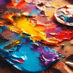 Close-up of a painters palette with vibrant colors 