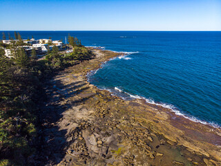 panorama of caloundra headland foreshore reserve near kings beach, sunshine coast, queensland, australia; beautiful rock pools near the beach