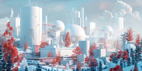 Enchanted Frost: A Futuristic City Embraced by Snow and Trees. Generative AI