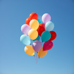 Colorful balloons against a clear blue sky. 