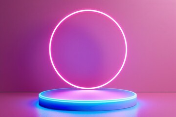 Bright neon round podium in electric blue set against a contrasting neon pink background for a lively and energetic atmosphere