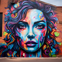 Colorful graffiti art on an urban brick wall. 