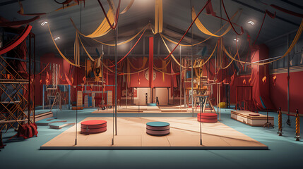 A gym layout for a circus training center, with trapeze, juggling, and circus skills training equipment. - obrazy, fototapety, plakaty