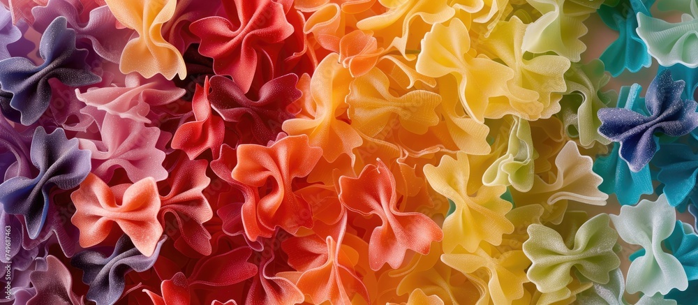 Poster the image showcases a vibrant rainbow-colored wall adorned with numerous ruffles. the combination of