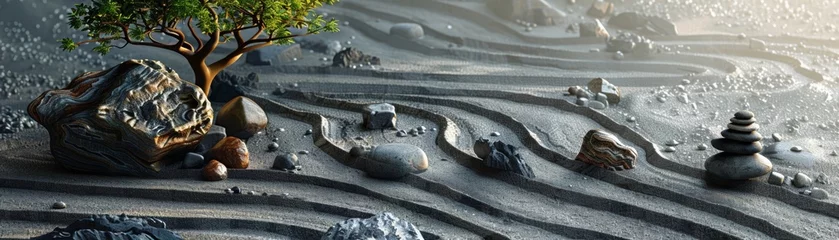 Fotobehang Serenity of a Zen Garden with Raked Sand and Stones.  © kmmind