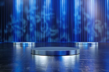 Sleek round podium in glossy silver against a rich royal blue background creating a futuristic and dynamic display setting